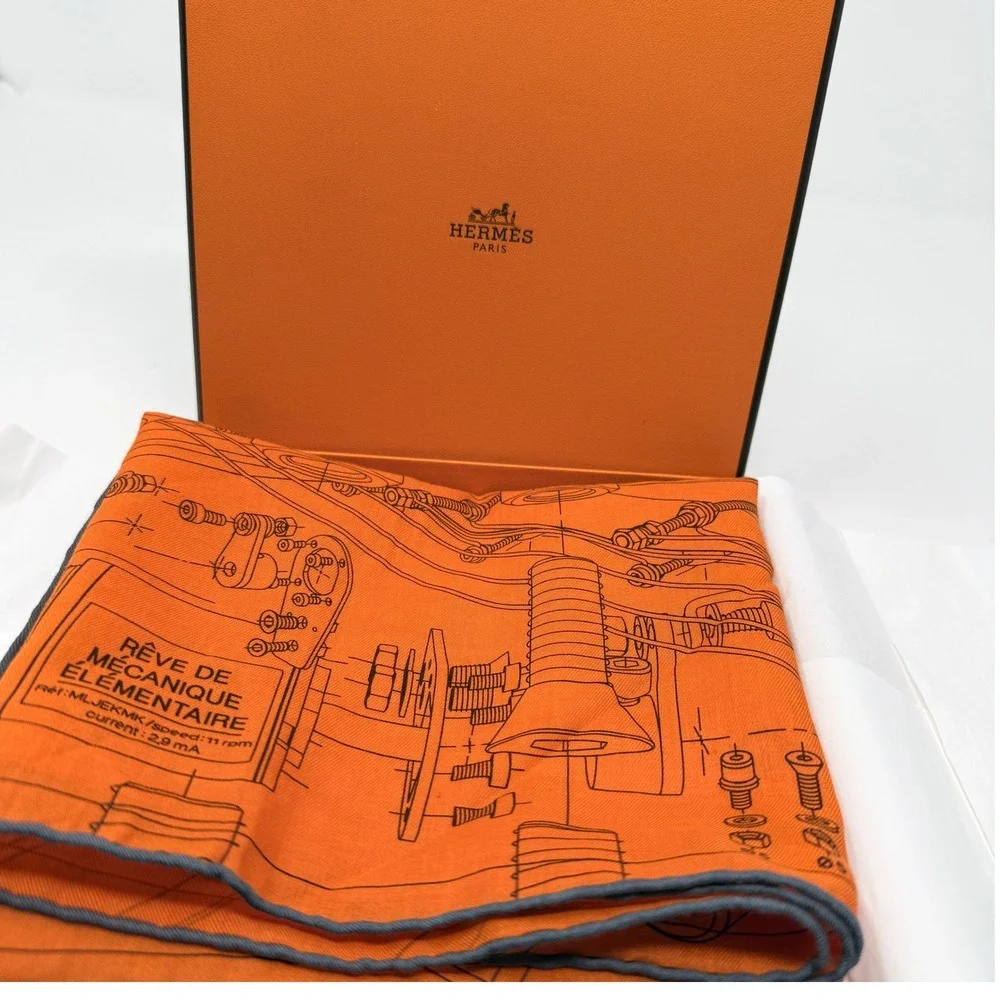 Hermes Carre H 65 Reve de Mecanique Elementaire Orange Cotton Scarf 2019 Box